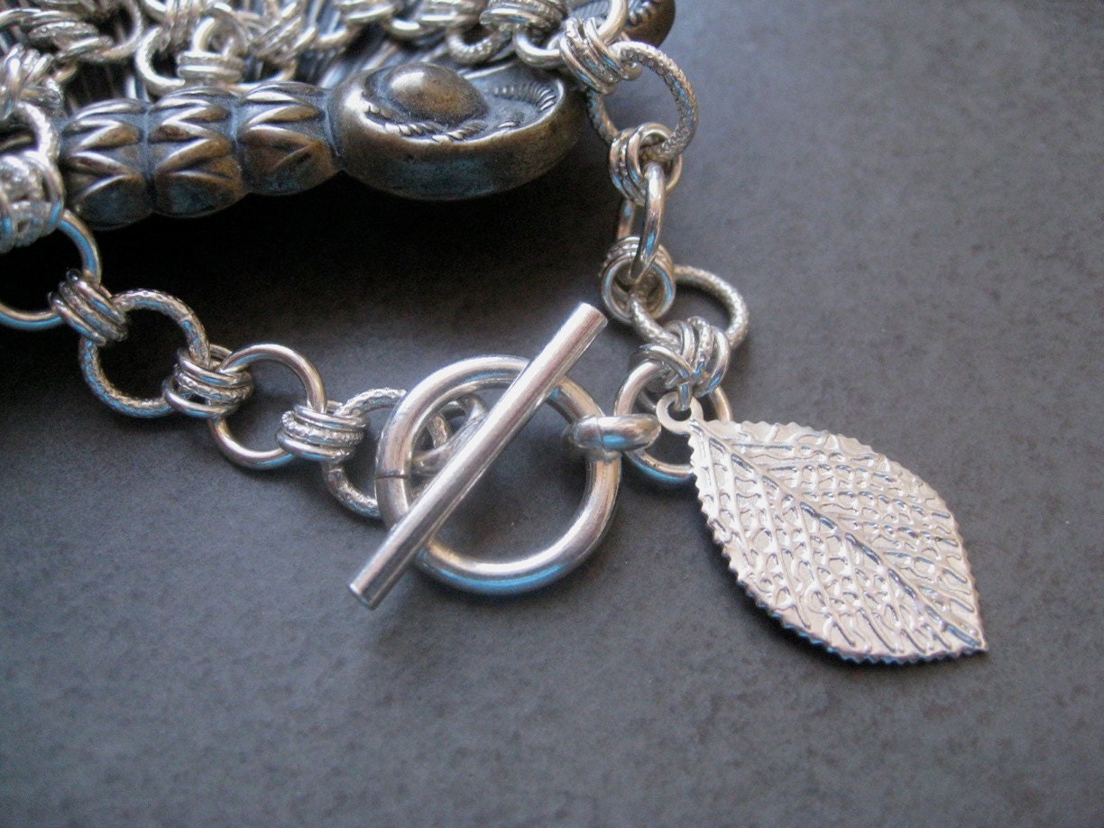 Sterling Silver Bracelet, Toggle clasp bracelet with leaf charm, Rolo Bracelet