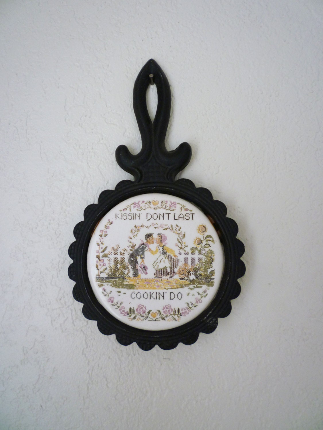 Vintage Cross Stitch Kissin' Trivet