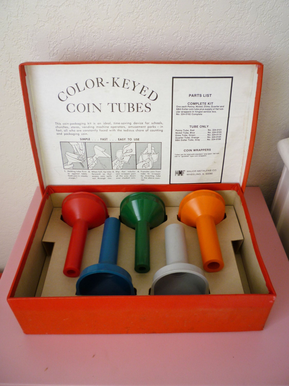 Vintage Color Keyed Coin Tubes in Original Box