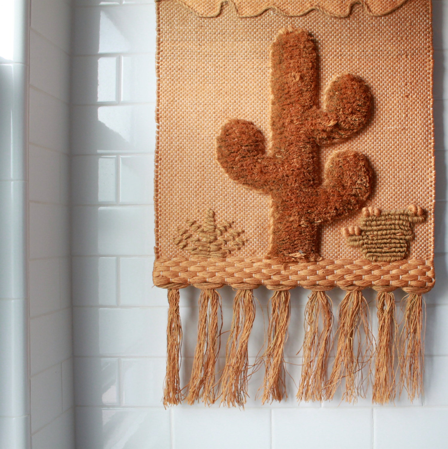 Vintage Cacti Wall Hanging Fiber Art - Jute Mat 1988