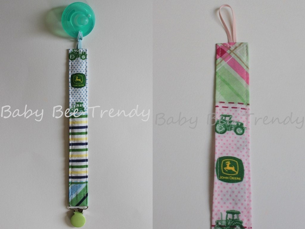 Ready To Ship... Universal Pacifier Holder Clip - John Deere BOY or GIRL Print with Color Suspender Clip