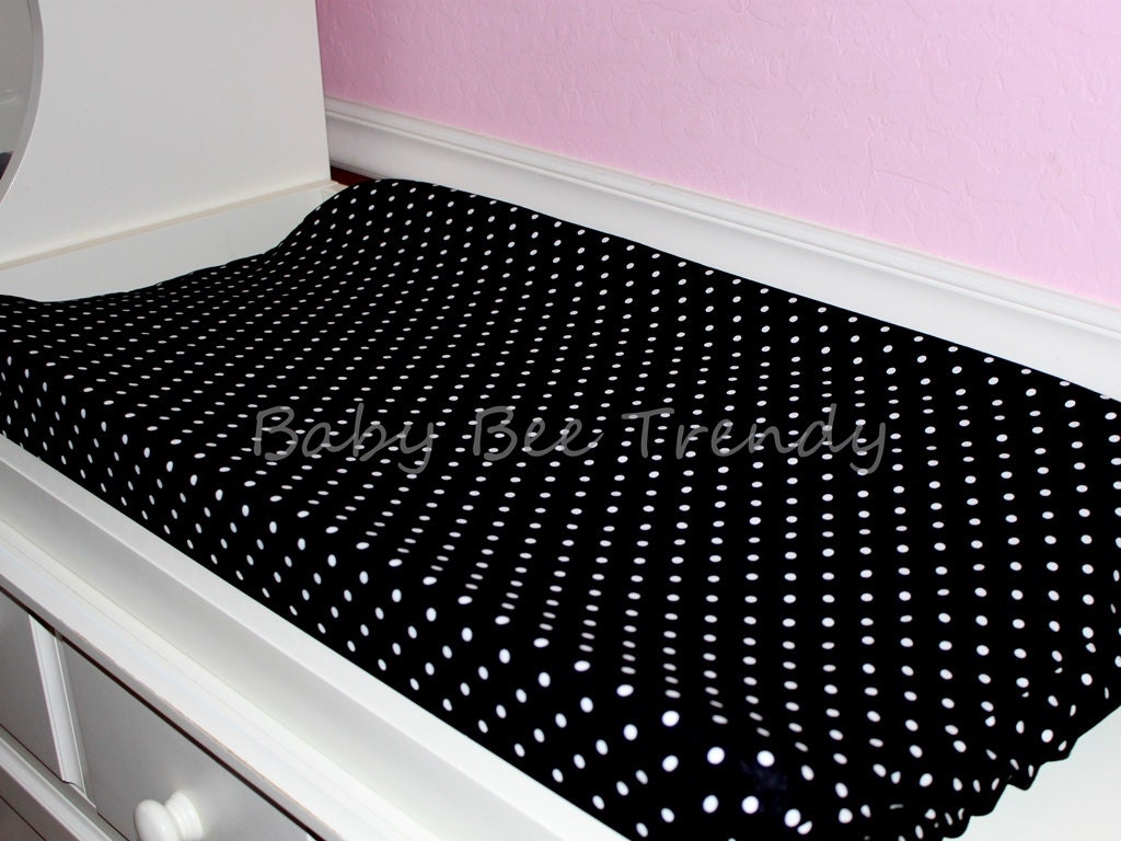 Ready To Ship... Cotton Contoured Changing Pad Cover -- Mini White Dots on Black