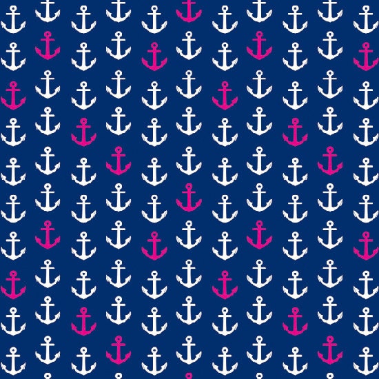 In The Navy Fabric Collection By Camelot Designer Jackie Mcfee Nautical Hot Shocking Pink and White Anchors Anchor on Navy Blue