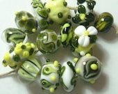 Yellow and green lampwork glass bead set SRA P97
