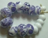 Purple and white lampwork glass bead set SRA P97