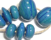 Streaky blue/green lampwork discs and hollow glass bead set SRA P97