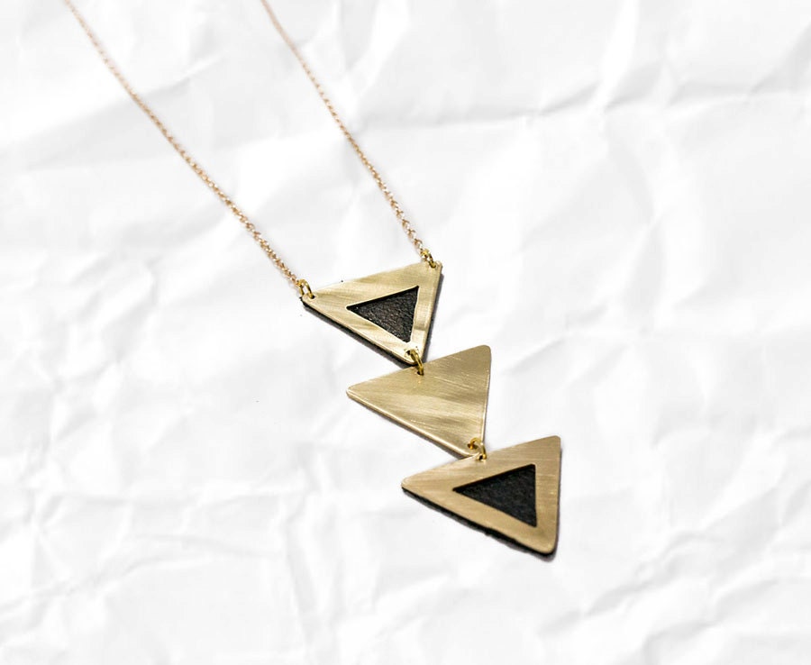 Triangle necklace with leather - Gold Terra, geometric, 3 tiered necklace, brass, gold plated, black leather