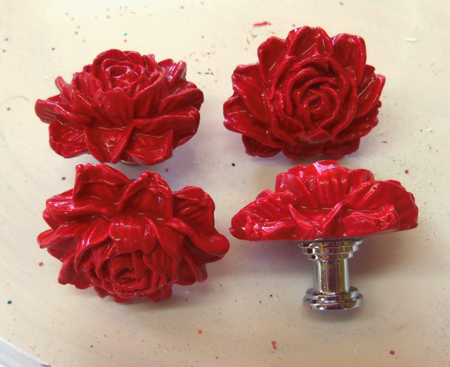 Red Rose Cabbage Roses Knobs Pulls Flowers Set of  4 Polymer Clay  Handmade Hand Painted