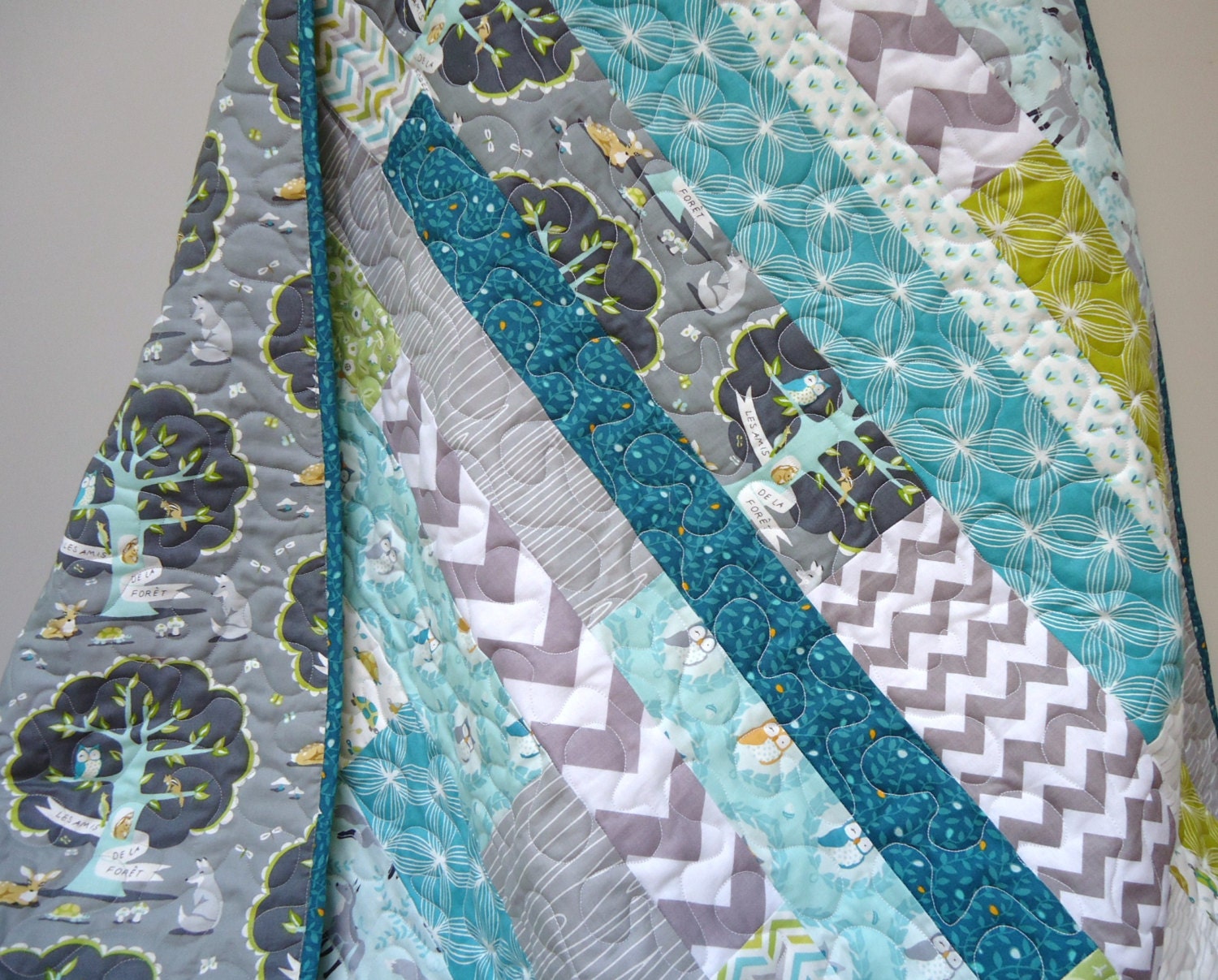 Baby Quilt, Baby Boy Quilt, Les Amis, Fox, Owl, Turtle, Deer, Teal, Aqua, Gray Grey, Crib Quilt, Baby Blanket, Baby Bedding, Gift Ideas