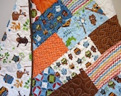 Baby Boy Quilt Toddler Quilt Hooty Hoot Returns Baby Quilts Crib Quilt Chevron Owl Monkey Koala Bear Kangaroo Brown Orange