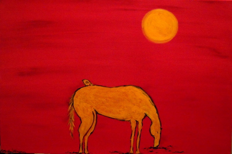 Original Art Horse Abstract Painting on canvas large wall art horse painting, red landscape painting original painting 24x36 bird on horse