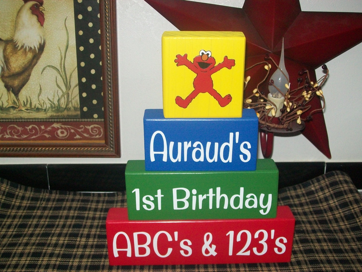 Personalized Four Piece Sesame Street Elmo Happy Birthday Wood Sign Name Blocks 1st Birthday Party Centerpieces Keepsake