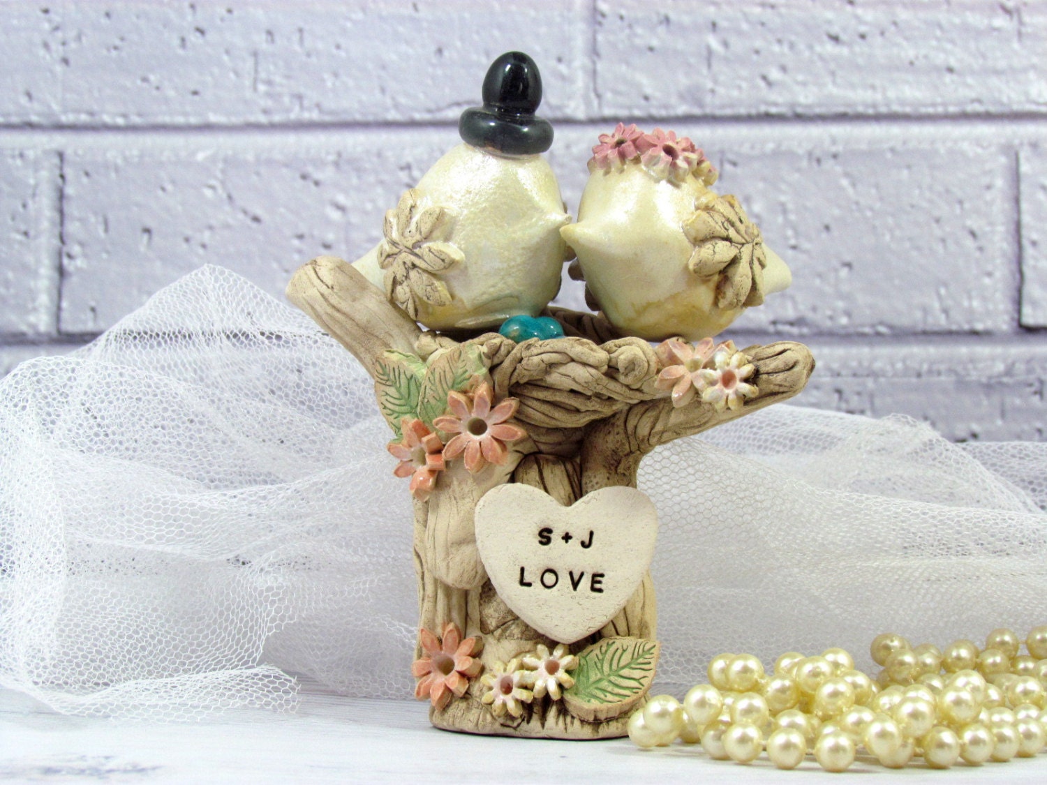 Custom love birds wedding cake topper Love birds bride and groom with a little nest