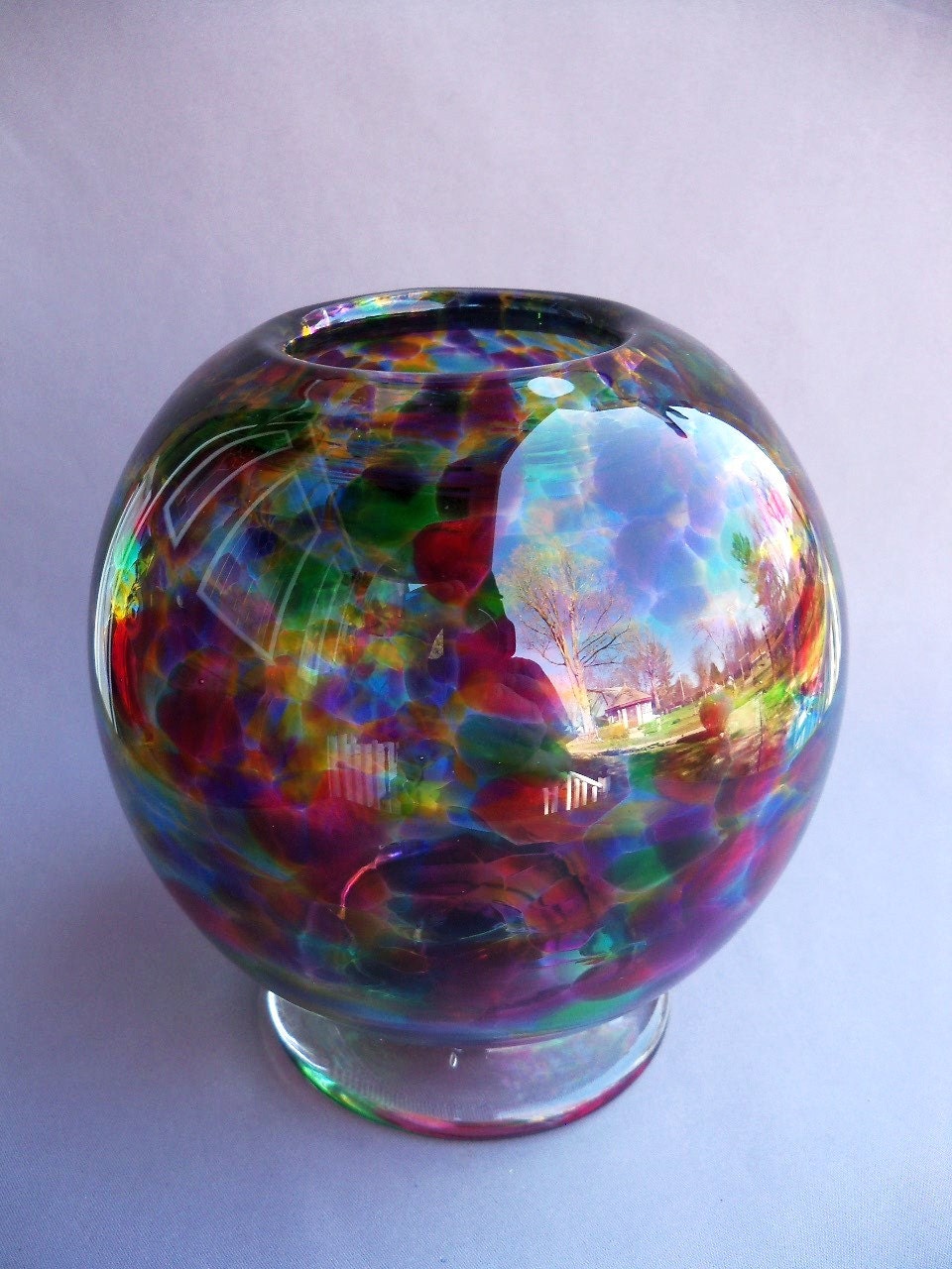 Hand Blown Art Glass Rainbow Color Round Vase