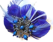 ROYAL JEWEL Blue Peacock Feather Bridal Hair Fascinator Clip with Sword and Large Rhinestone OOAK
