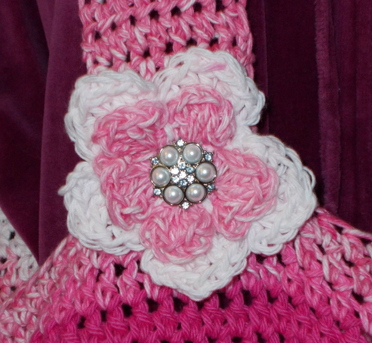 Crochet Market Bag Hot Pink with attached jeweled flower FREE SHIPPING