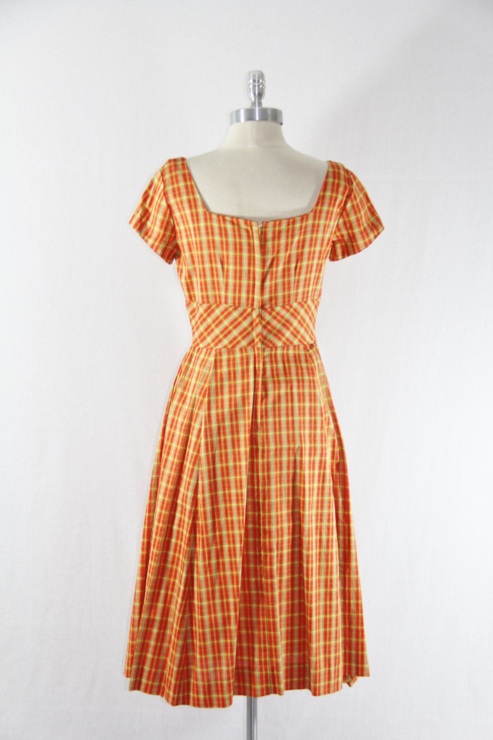 1950's Vintage Dress - Designer JONATHAN LOGAN Orange and Yellow Plaid Full Skirt Huge Bow Party Frock