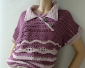 Crochet Top - Striped Purple/Pink Cotton/Linen Pullover, M/L