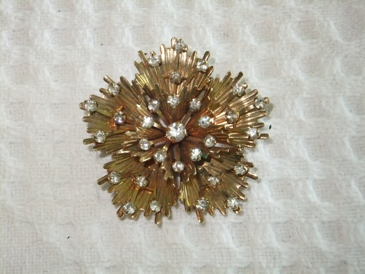 Vintage Emmons Starburst Rhinestone Brooch Clear Rhinestones Gold Tone Stamped Costume