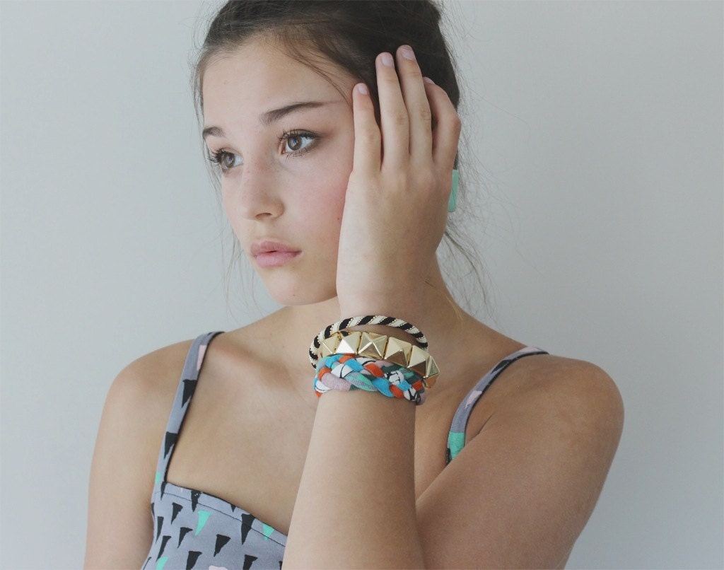 Braided Fabric Bracelet in Green, Blue and Ochre