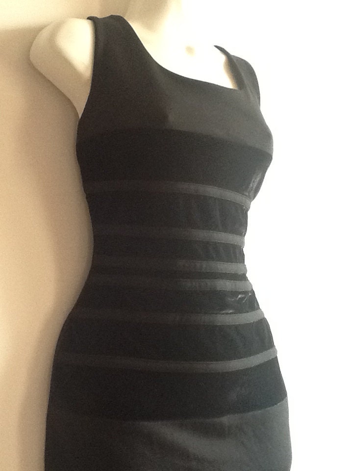 1980s bodycon bandage dress / black spandex velvet corset mini dress / size medium to large
