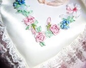 Amour- White satin ring bearer pillow with silk ribbon embroidery
