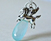 Pegasus Necklace Fairytale Jewelry Charm Necklace Seafoam Mint Gemstone Sterling Silver Peruvian Blue Chalcedony, Fly High