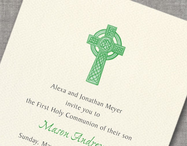 Made-to-order Communion Confirmation Baptism Christening Invitation - Celtic Cross Viridian Green