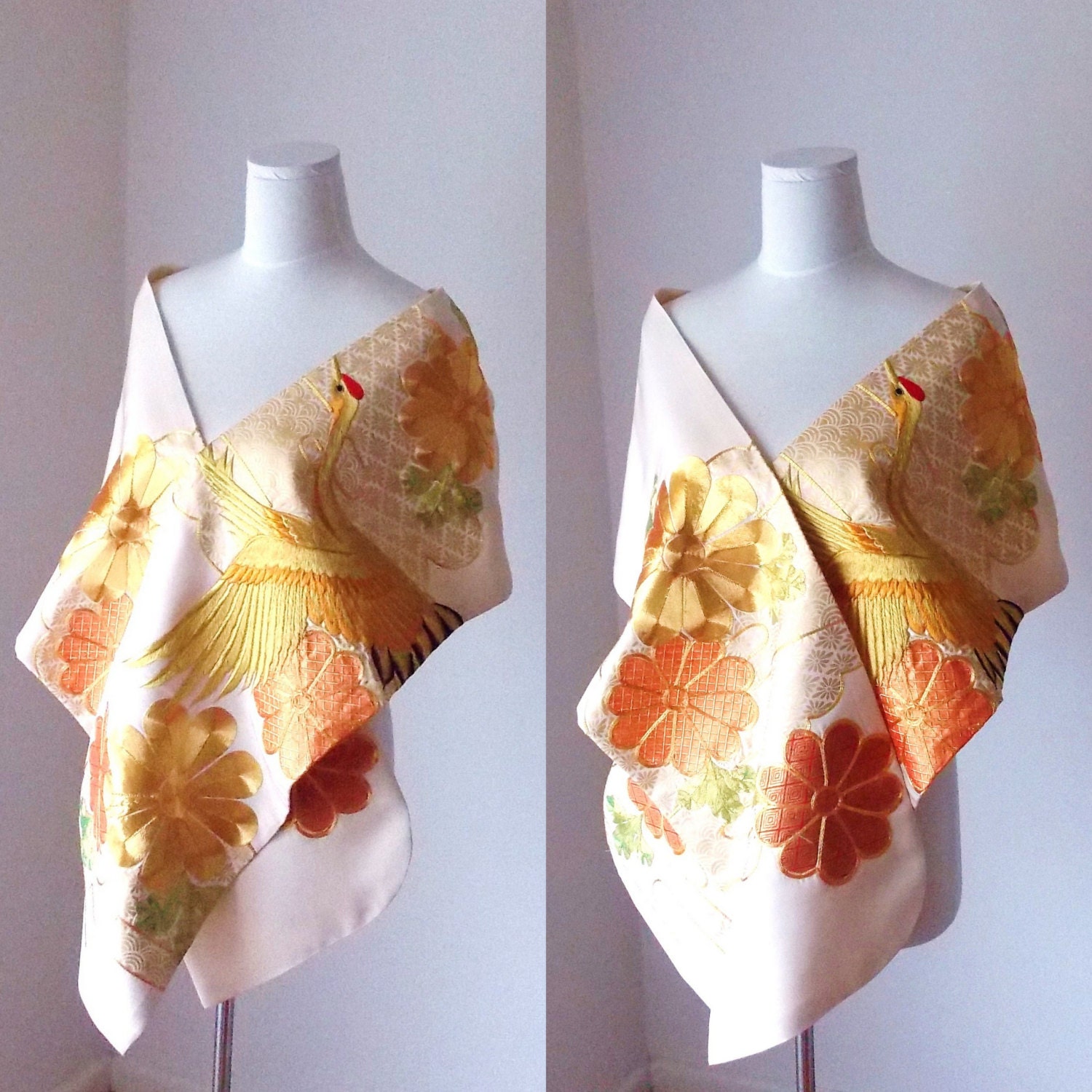 Vintage KIMONO Wedding shawl butterfly golden crane chrysanthemum pine wave cloud ivory gold red green embroidery free size ready to ship