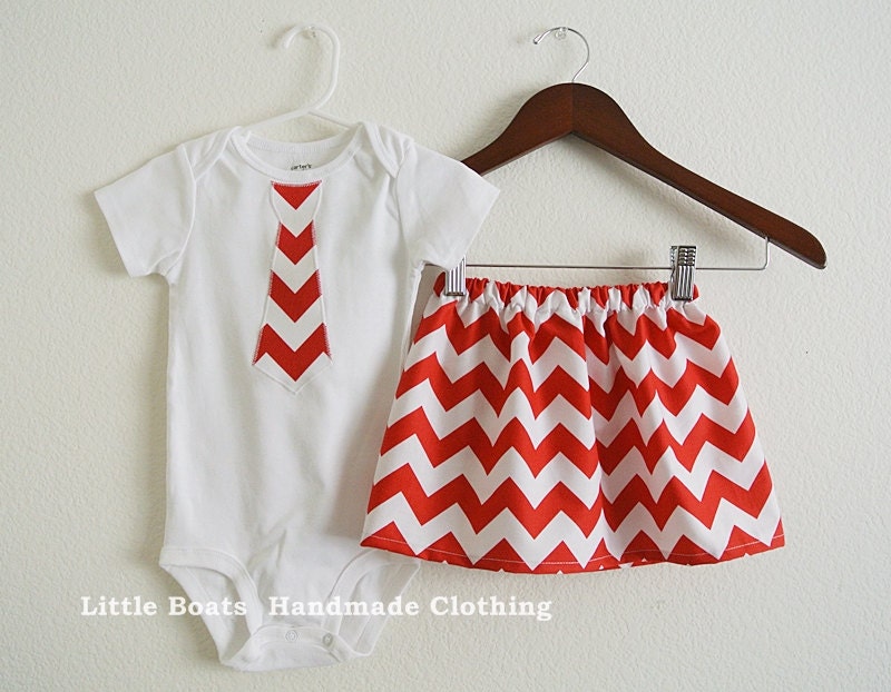 Brother and Sister matching sibling SET ... Red/White Chevron Skirt & Tie Applique Boys  T-shirts or Onesie