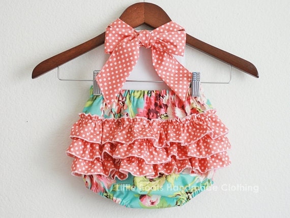 Bliss Bouquet with Coral/White Polka dot Retro Style Sunsuit Romper / Size NB, 0-3m, 3-6m, 6-12m, 12-18m and 18-24m