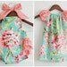 TWO piece Matching Sibling SET - Big sister Flutter Dress and Little sister Sunsuit - Bliss Bouquet and Coral/White Polka dot