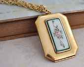 FLORAL BOOK LOCKET hand painted enameled vintage gold tone locket with rope chain