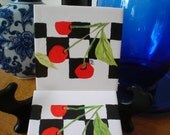 Black and White Check with Cherries Original Handpainted Ceramic Coaster Set or Wall Tiles