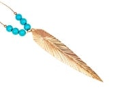 Gold Feather and Turquoise Mediterranean Princess Gold Filled Necklace- summer jewelry NEW COLLECTION
