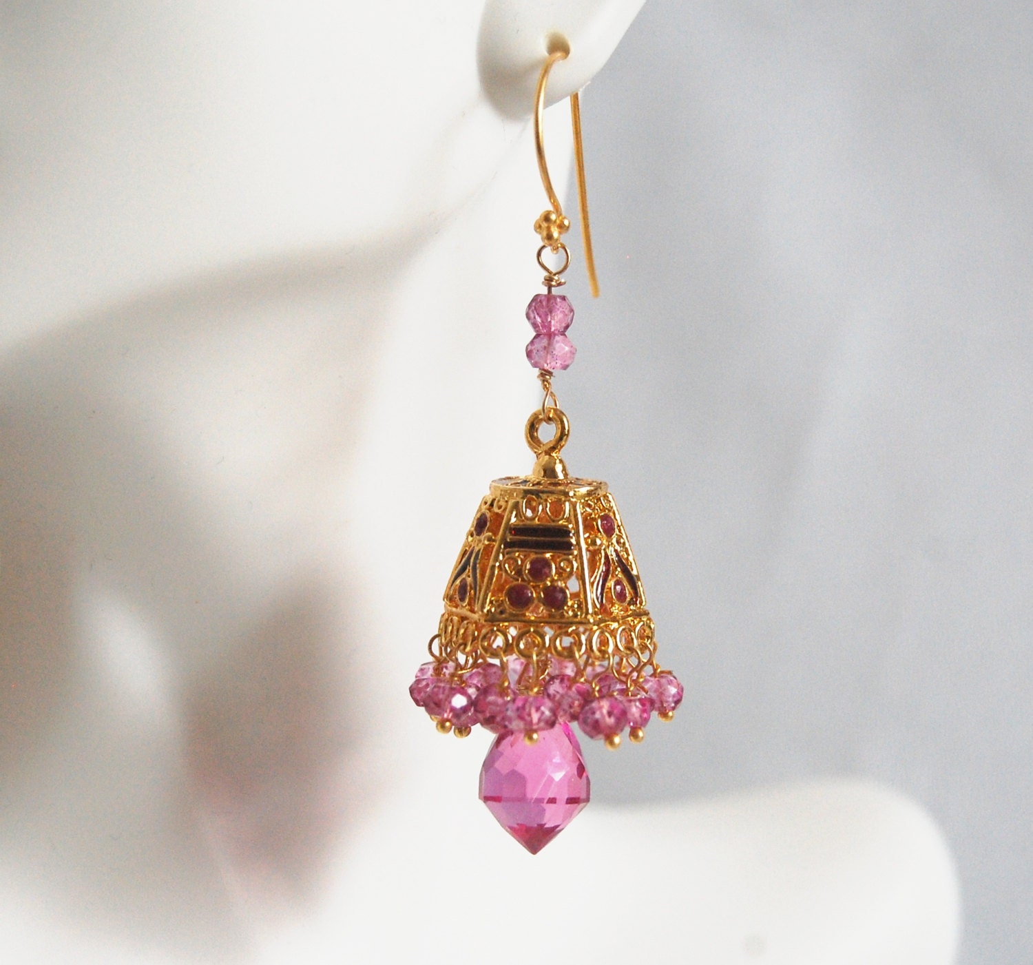 Gorgeous Hot Pink Quartz Chandelier -Mystic Rubelite quartz Gold Enamel lampshade bell Chandelier earringsDangle Drop Earrings