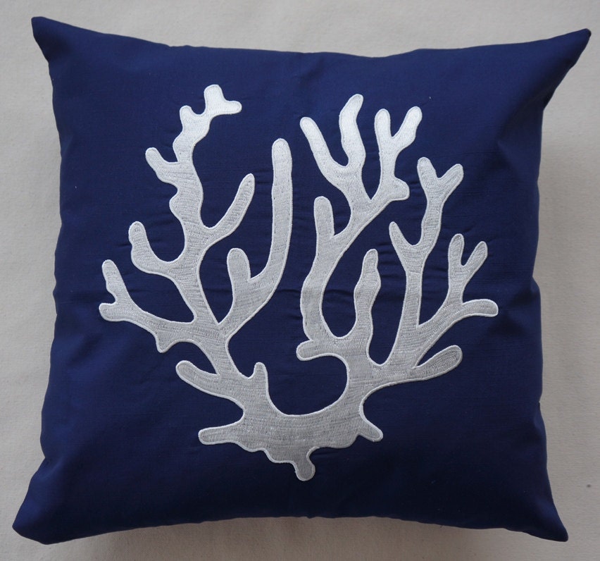 Embroidered Decorative Pillow Cover - Coral - 18" x 18" Navy Blue Pillow with Off-White Embroidery (READY TO SHIP)