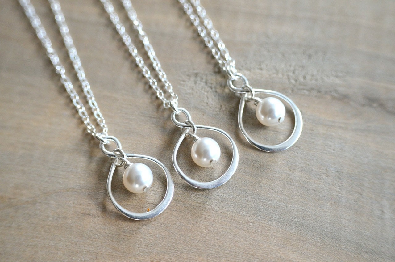 Bridesmaid Gift - 3 Infinity Necklaces in Sterling Silver with Swarovski Pearl - choose pearl color