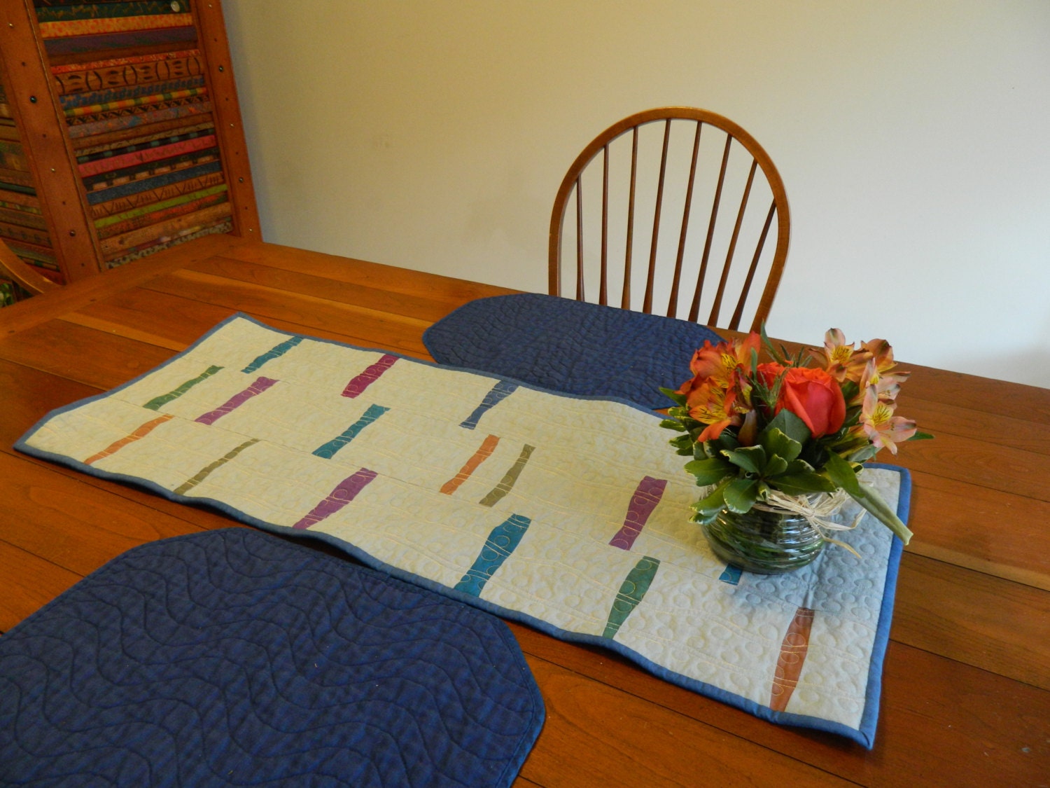 Gray Quilted Table Runner with Insets of Purple, Blue and Green