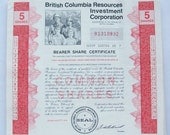 British Columbia Resources Investment Corp Share Certificate 1979