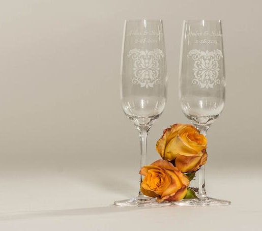 Damask Design Personalized Wedding Toasting Glasses and Serving Set
