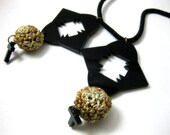 Folk pendant - embroidered jewelry - laser cut black plexiglass
