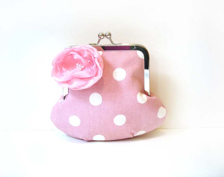 Pink clutch purse metal frame, polka dots girly girl blush rose spring summer small bag