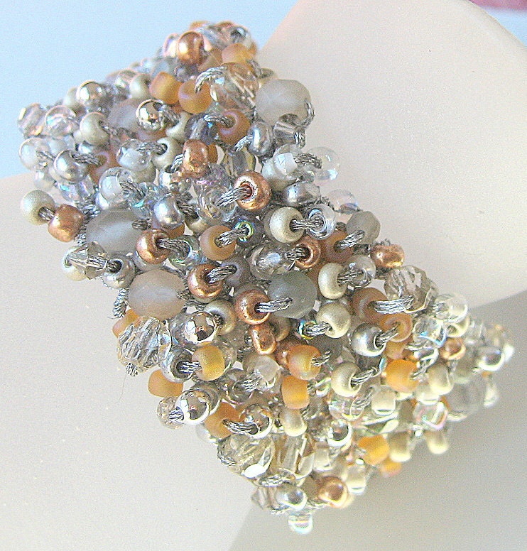Beaded Cuff Bracelet, My ORIGINAL Hand Knit  PUBLISHED DESIGN, Grey,Tan, Metallic Silver, Copper Wearable Art Fashion, Sereba Designs, Etsy