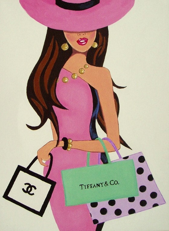 Original Painting of Fashion Girl pink & Black dress hat Tiffany Chanel bag by Julie Barry