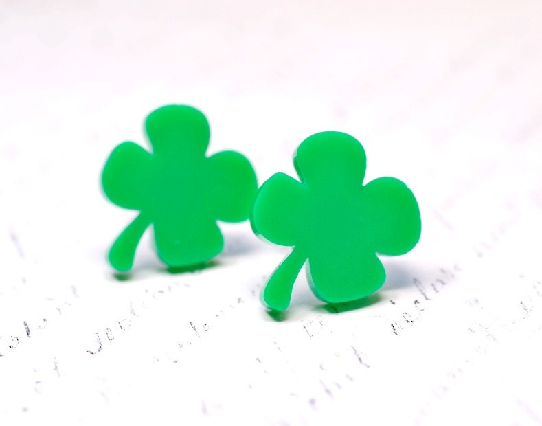 Shamrock Earrings, Green Clover Earrings, Four Leaf Clover Jewelry, St Patricks Day Lucky Studs - waterwaif