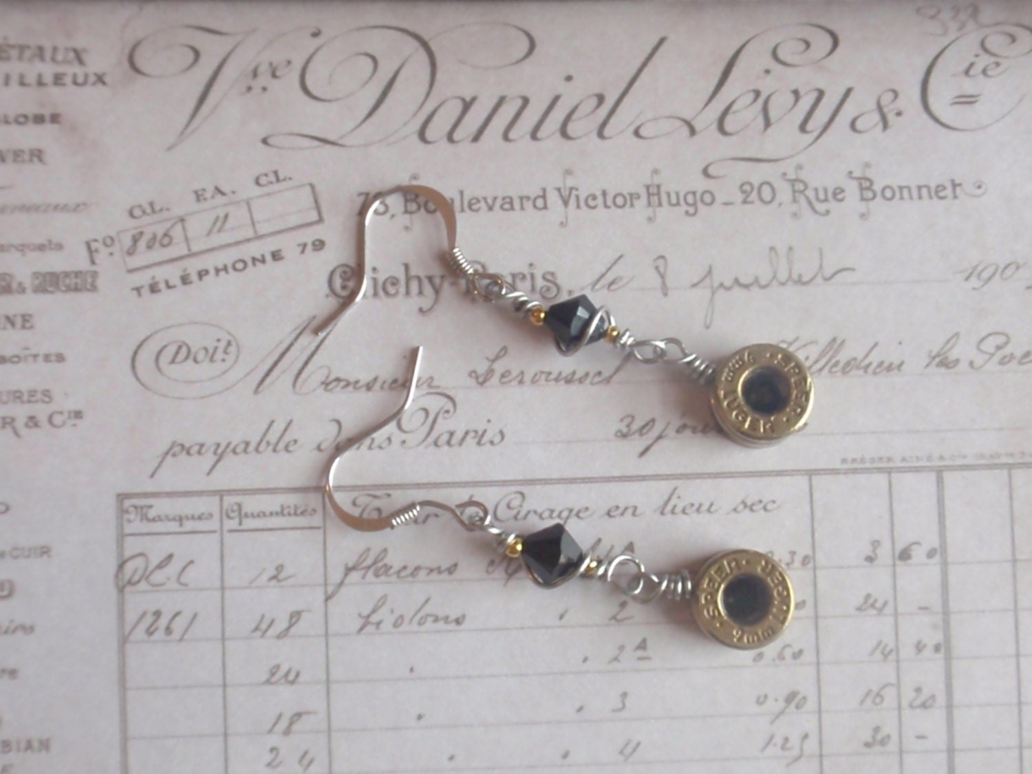 9mm Bullet earrings... Premium Bullet Black crystal Dangle Earrings