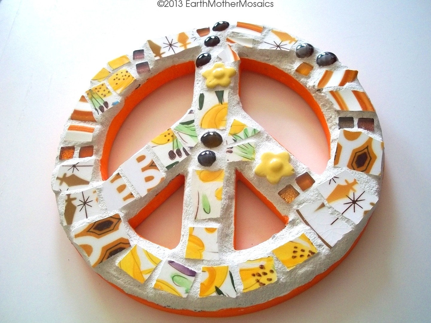 Mosaic Peace Sign: Pique Assiette, Orange, Yellow, Brown