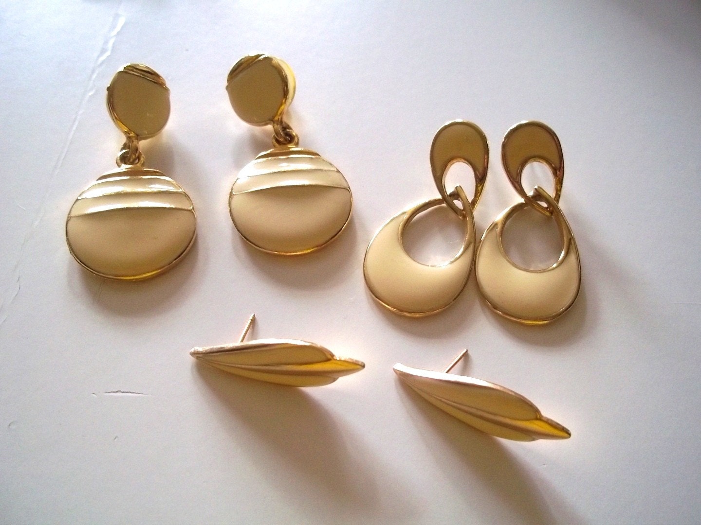 Vintage 1980s 1990s Earrings - Retro, Cream and Gold Enamel Earrings, Vintage Earrings, Retro 80s 90s Fashion Earrings - Set of 3, Post Back