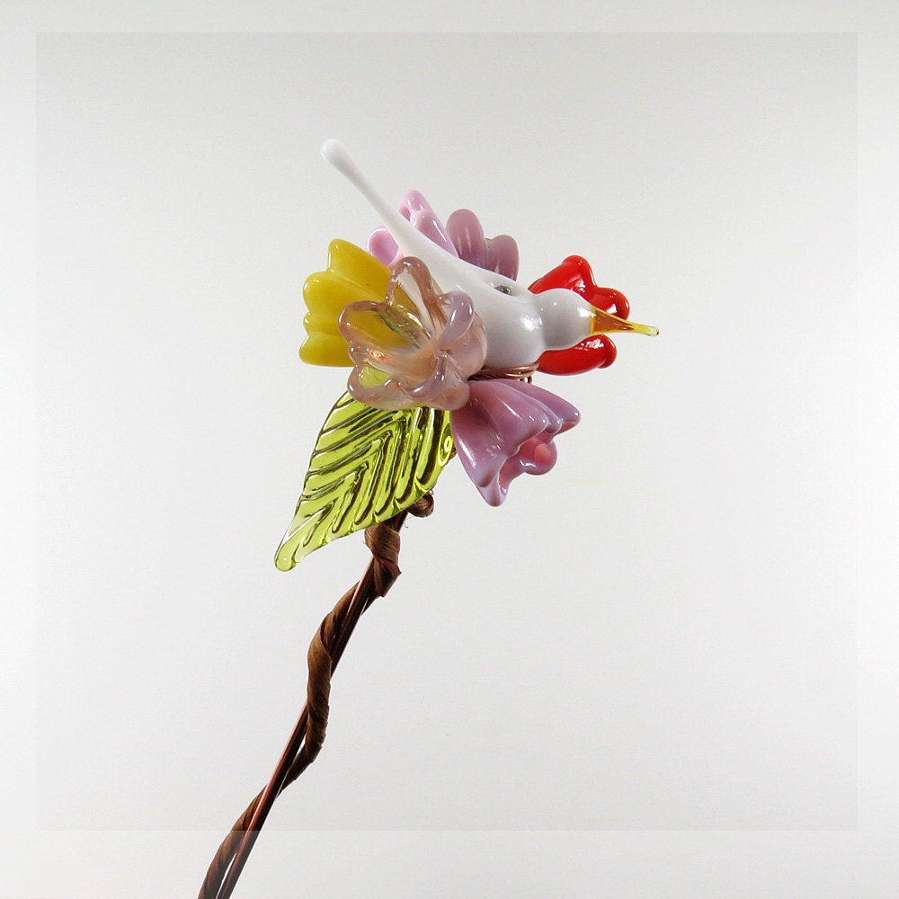 Glass bird plant stake, garden art, potted plant art glass flowers, yard art - Spring dove bouquet